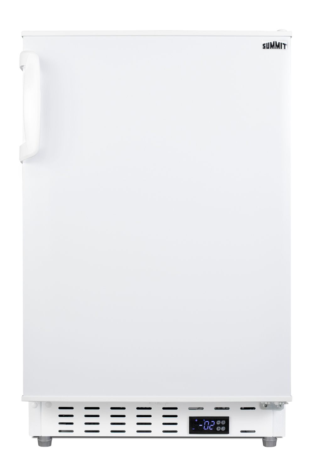 Built-in undercounter ADA compliant residential all-freezer in white with door storage and manual defrost operation